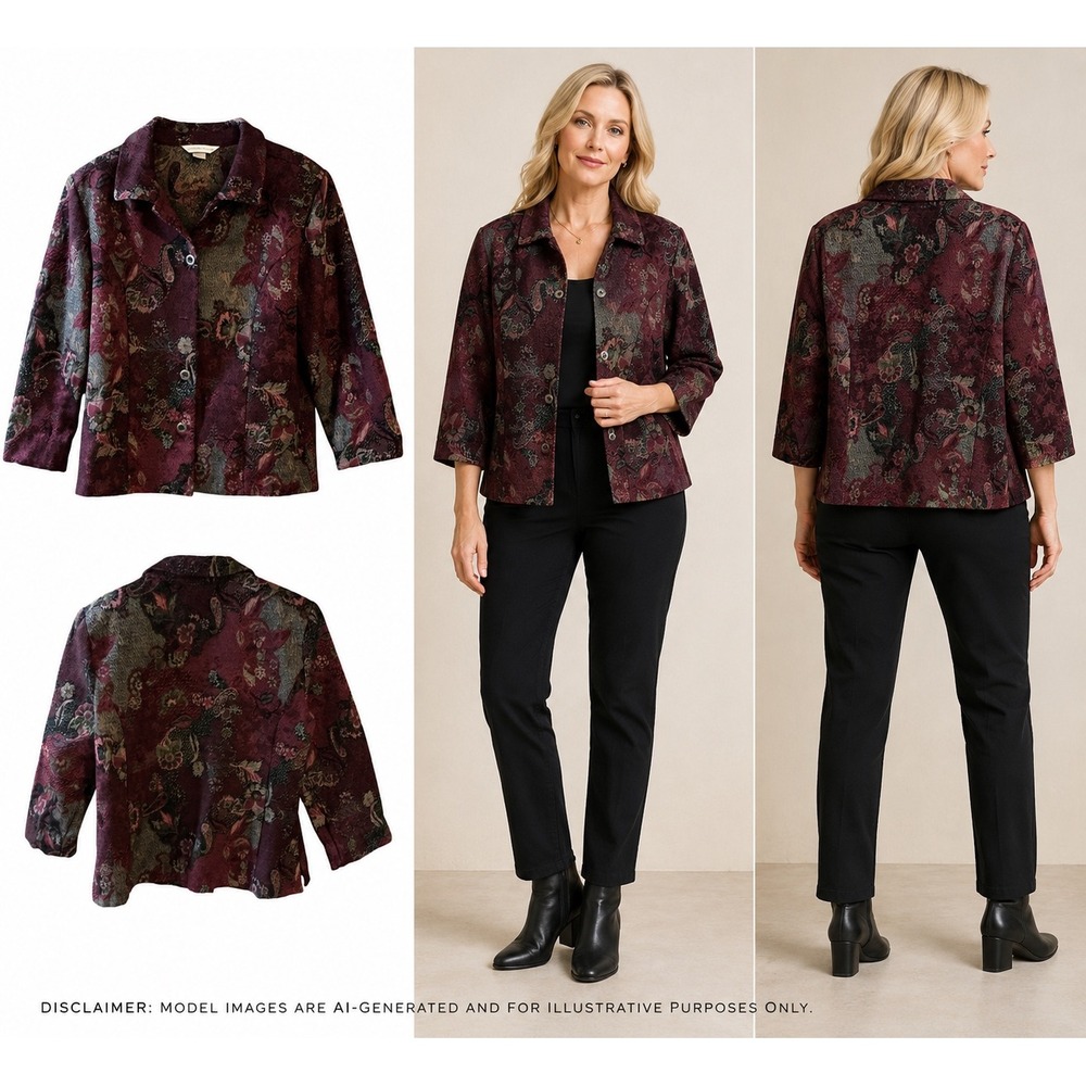 Christopher & Banks Womens XL Burgundy Floral Paisley Tapestry Button Up Jacket